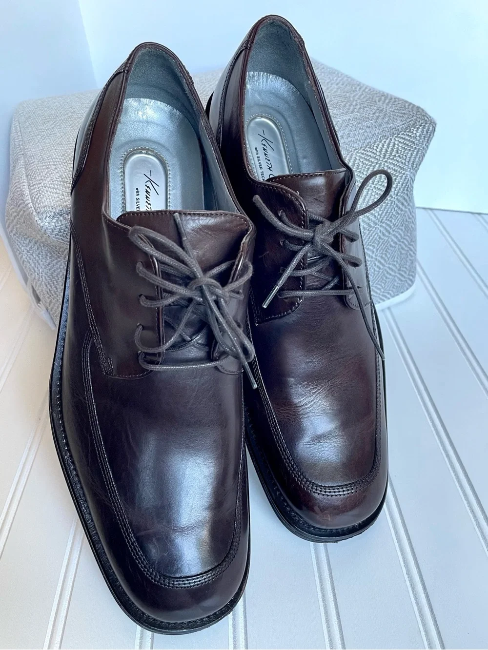 Kenneth Cole New York Brown Leather Dress Shoe Derby Silver Tech Square Toe Sz10